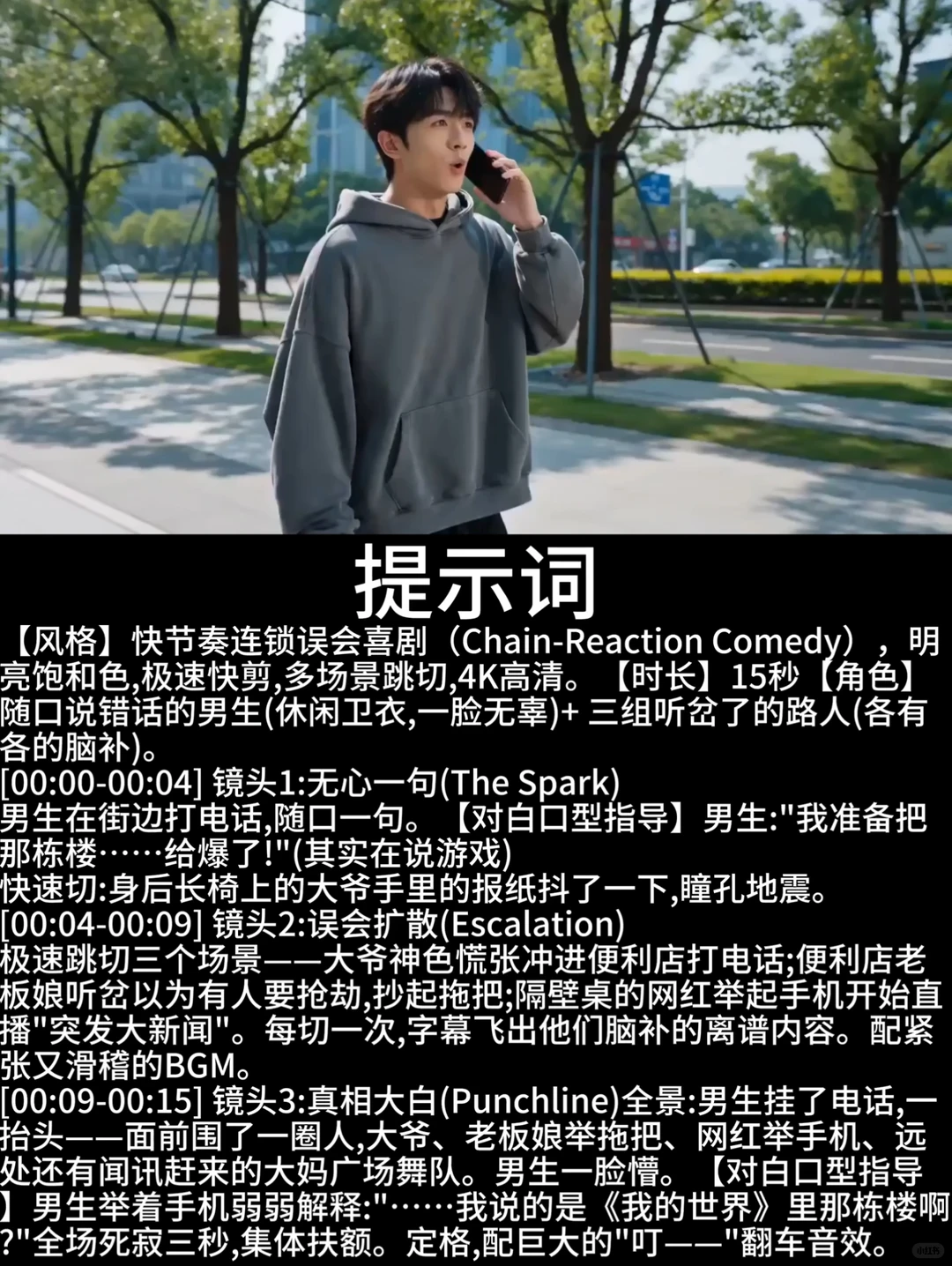AI快节奏喜剧视频提示词抄作业