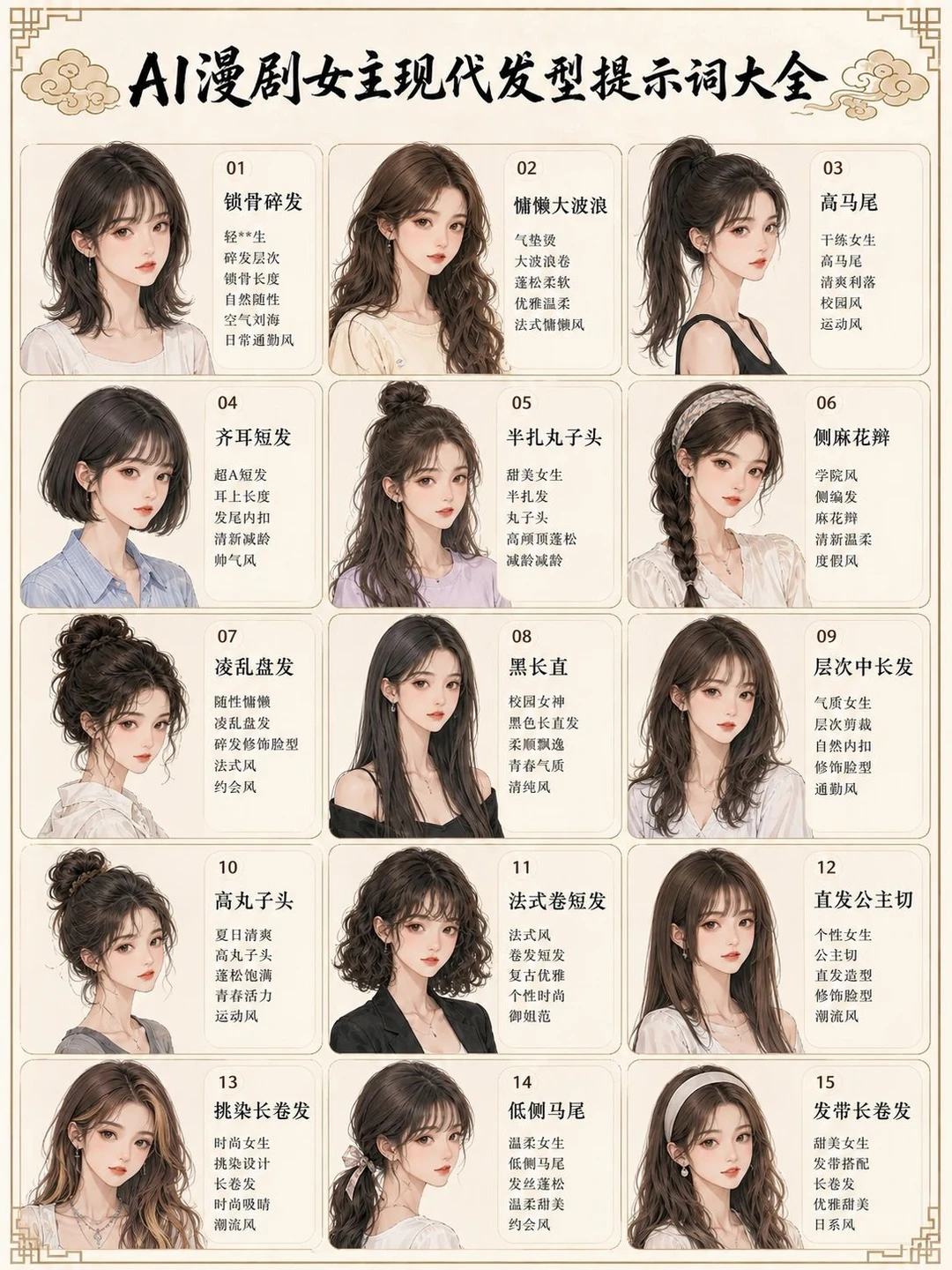 AI漫剧女主现代发型提示词合集：职场甜妹复古全覆盖